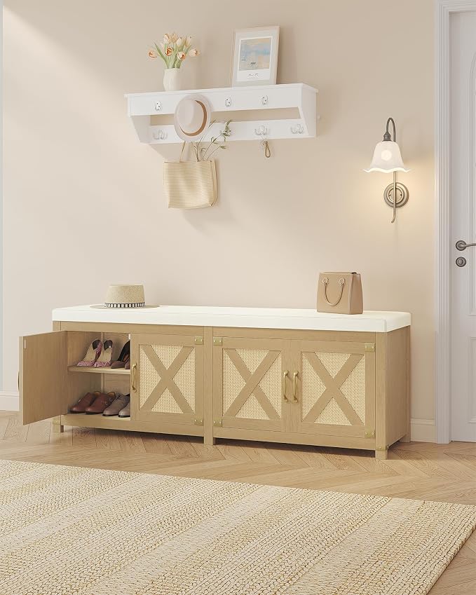 Hzuaneri Shoe Storage Bench, 2 Tier Shoe Bench with Padded Seat Cushion & 4 Barn Doors, 59" Entryway Bench with Adjustable Shelf, Farmhouse Shoe Cabinet for Living Room, Bedroom, Camel Yellow SB31502M