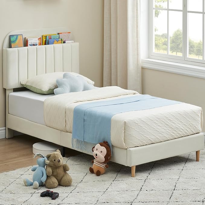 IDEALHOUSE Twin XL Bed Frames, Upholstered Platform Bed Frame with Bookcase Headboard, Velvet Platform Bed Mattress Foundation, Heavy Duty Steel Support Legs, Easy Assembly, Noise Free, Cream White