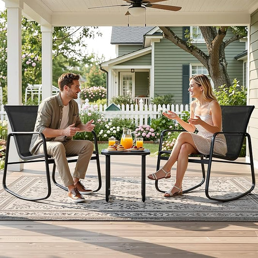 DWVO 3 Piece Patio Furniture Set, Durable Textilene Patio Set with Rocking Chairs Set of 2 & Tempered Glass Table for Garden, Balcony & Poolside, Black