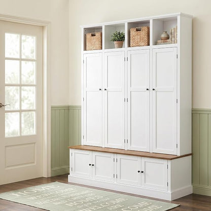 Hall Tree with Bench and Shoe Storage,Shoe and Coat Rack with Drawer and Hooks,Farmhouse Furniture for Entryway,Mudroom,Living Room,Black (White, 59" W)