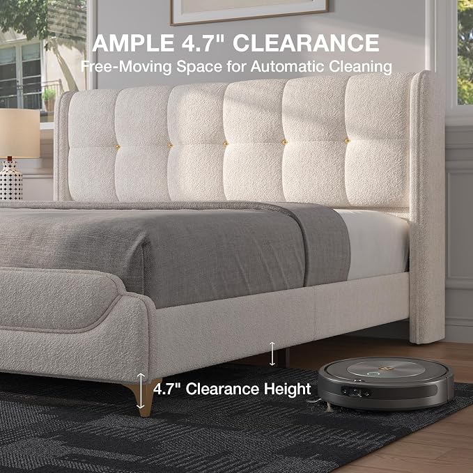 Novilla King Size Bed Frame with Charging Station & LED Lights, Upholstered French Luxury Platform Bed with Wingback Headboard, Lamb Wool Fabric, No Box Spring Needed, Easy Assembly, Cream White
