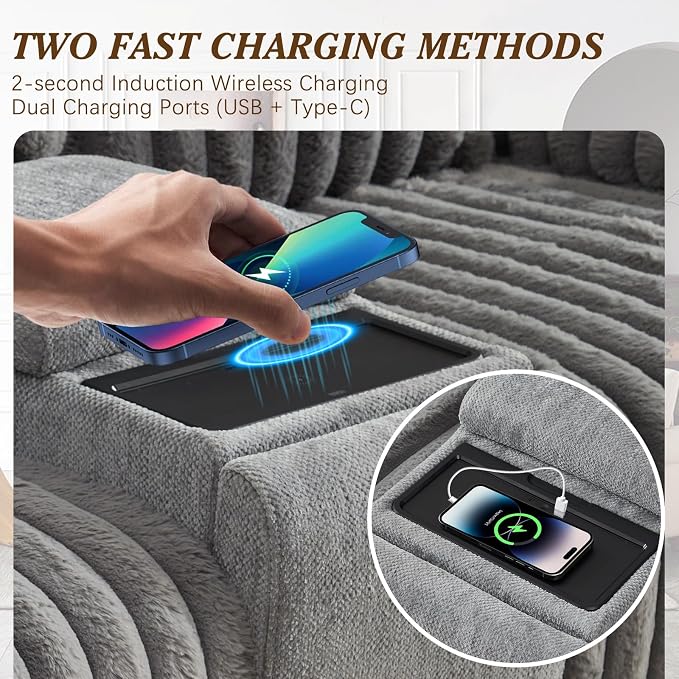 Oversized Reclining Sofa Set with Hidden Cup Holders & Wireless Charger, Manual Double Recliner Sofa, Wall Hugger Recliner Couch with USB Ports for Living Room (Gray, Loveseat+Sofa)