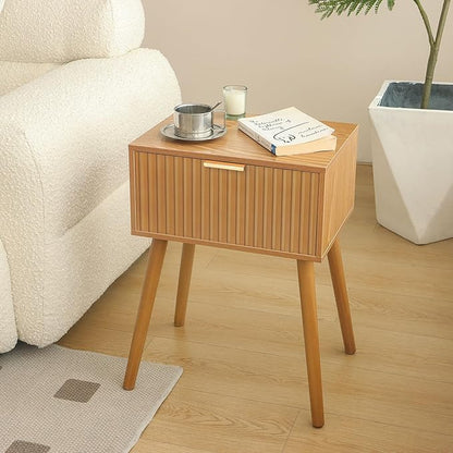 AWASEN Fluted Nightstand, Small Bedside Table with Storage Drawer, Accent End Table Living Room for Bedroom and Small Space, Brown