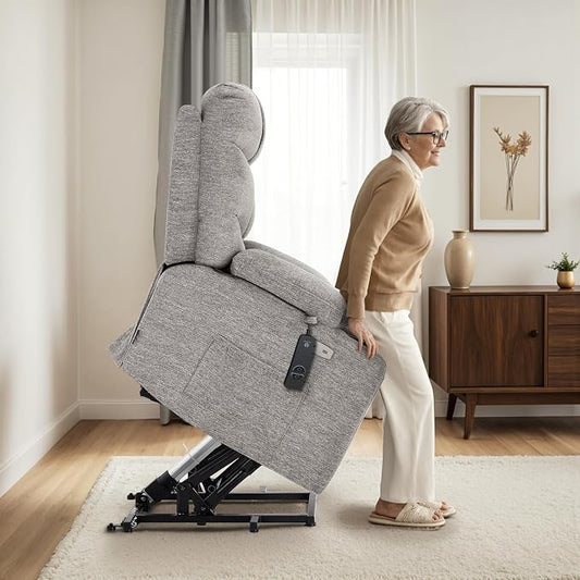 MCombo Oversized Power Lift Recliner Chair with Extended Footrest, Extra Wide for Big and Tall Elderly People, Fabric R7289 (Light Grey, Medium-Wide)