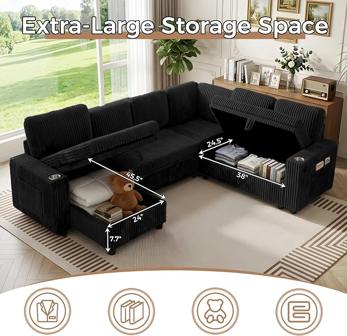 Sectional Sleeper Sofa with Pull Out Bed, 7-Seat L-Shaped, Black | Modular cloud couch with plush corduroy, hidden storage, USB charging, cup holders – Perfect for family movie nights