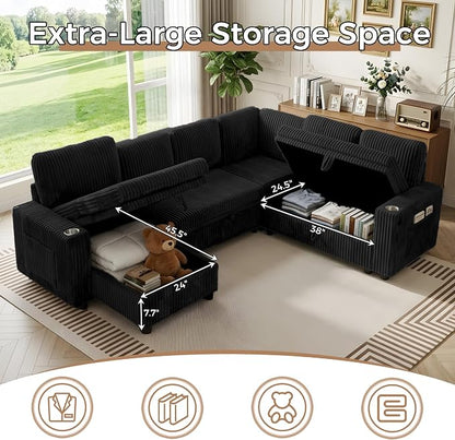 Sectional Sleeper Sofa with Pull Out Bed, 7-Seat L-Shaped, Black | Modular cloud couch with plush corduroy, hidden storage, USB charging, cup holders – Perfect for family movie nights