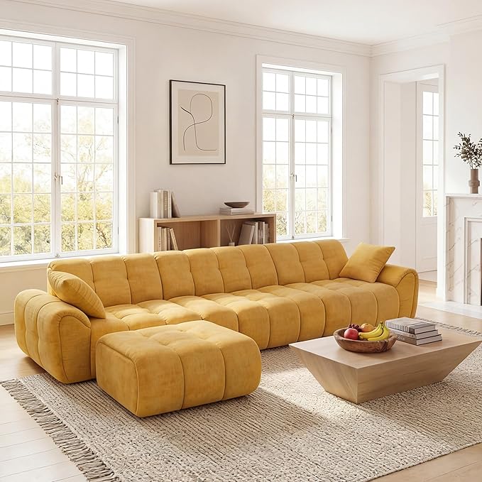 Claiks 118" Modern Boneless Couch, Corduroy Modular Cloud Sofa for Living Room, Deep Seat Sectional with Movable Ottoman, No Assembly Required, Yellow