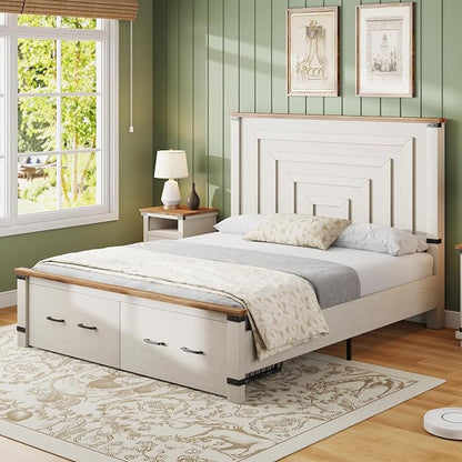 AMERLIFE 2 Pieces Farmhouse Bedroom Set, Includes Wood Rustic Queen Size Bed Frame with 54" Tall Headboard, 48" Tall 5 Drawers Dresser Chest, Heavy Duty Thick Plank Styling, Antique White