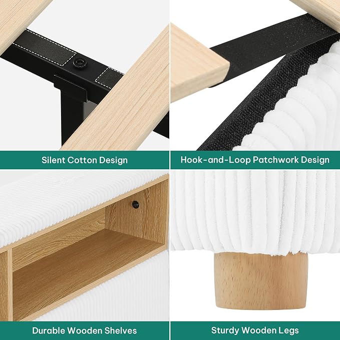 DWVO King Size Corduroy Upholstered Platform Bed Frame with Charging Station and RGB LED Lights, 53’’ Tall Storage Wingback Headboard, No Box Spring Needed, Easy Assembly, Noise-Free, White