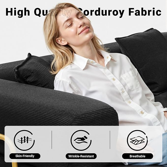 ivoros 108" Oversized Convertible Sleeper Sofa Bed, Corduroy L Shape Sectional Couch, Folding Sofa Bed with Fixed-Shape Frame, Modern Cloud Floor Mattress Couch, Modular Sofa for Living Room, Black