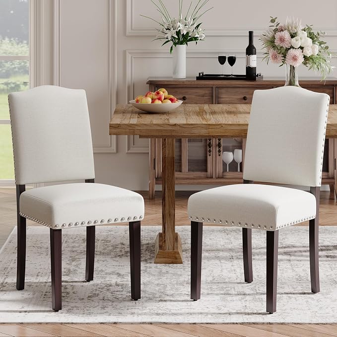 Upholstered Parsons Dining Chairs Set of 2, Modern Dining Room Chairs with Back, Fabric Kitchen Side Chairs with Wood Legs, Nailhead Trim for Dinner Farmhouse Restaurant, Beige