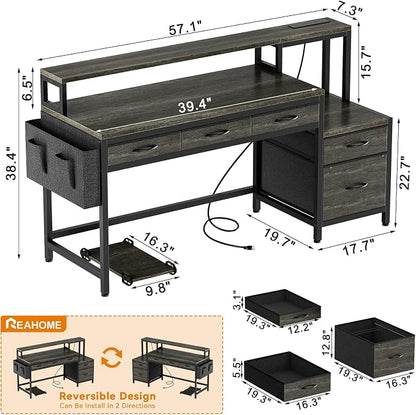 REAHOME 61 Inch Gaming Desk with Charging Station and LED Lights, Reversible Computer Desk with Storage Drawer and Monitor Stand, Modern Desk Table with File Cabinet & Side Pocket, Grey Oak