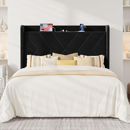 Allewie Queen Size Platform Bed Frame with Charging Station and Storage Shelf/Upholstered Velvet Wingback Headboard/Wooden Slats Support/No Box Spring Needed/Easy Assembly, Black