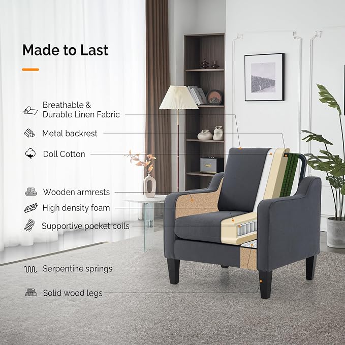 VINGLI Mid-Century Modern Accent Chair, Dark Grey Linen Upholstered, Comfortable & Supportive, 380lbs Weight Limit, Perfect for Living Room, Bedroom, Office