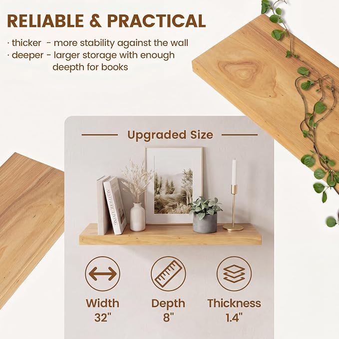 Venusmiles Elm Floating Shelves for Wall Decor, Rustic Solid Wood Shevles Wall Mounted with Invisible Bracket for Living Room Bathroom Bedroom Kitchen, 32 Inch Set of 2, Natural
