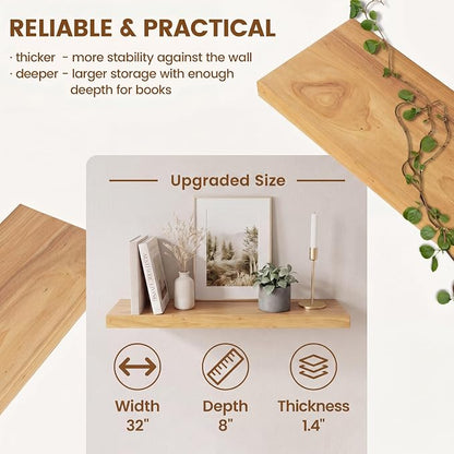 Venusmiles Elm Floating Shelves for Wall Decor, Rustic Solid Wood Shevles Wall Mounted with Invisible Bracket for Living Room Bathroom Bedroom Kitchen, 32 Inch Set of 2, Natural