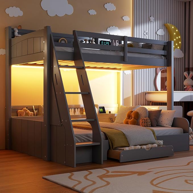 RUNNA Twin Over Full Bunk Bed with Storage Shelves,LED Grey/LED | Charging Station, a Drawer Solid Wood Bunk Bed for Kids, Teens, Adults