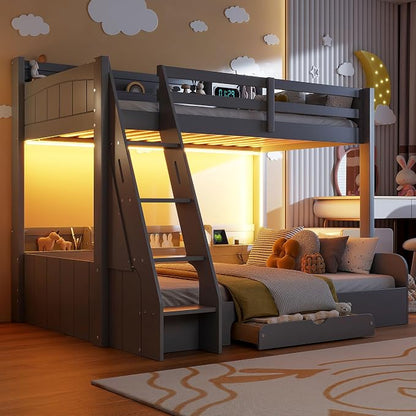 RUNNA Twin Over Full Bunk Bed with Storage Shelves,LED Grey/LED | Charging Station, a Drawer Solid Wood Bunk Bed for Kids, Teens, Adults