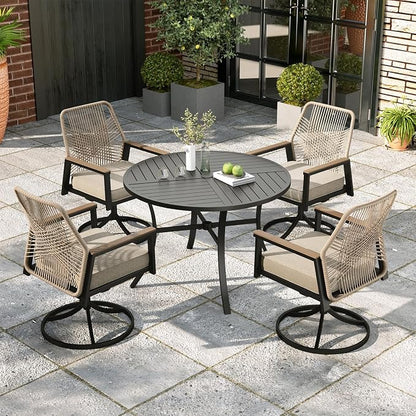MIXPATIO 5 Pieces Outdoor Patio Dining Set, 42" Round Metal Table with Umbrella Hole, 4 x Swivel Rope Rattan Chairs with 3.2" Cushion for Yard, Porch, Beige