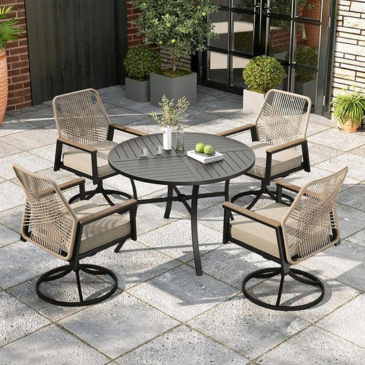 MIXPATIO 5 Pieces Outdoor Patio Dining Set, 42" Round Metal Table with Umbrella Hole, 4 x Swivel Rope Rattan Chairs with 3.2" Cushion for Yard, Porch, Beige
