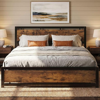 LIKIMIO King Bed Frame with Headboard and Footboard, Metal Strong Supports, Easy Assembly, Noise-Free, No Box Spring Needed, Vintage Brown
