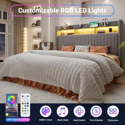 Allewie King Size Lift Up Hydraulic Storage Bed Frame, 2-Tier Shelf Headboard with LED Lights and Charging Station, USB and Type C Ports, Wingback Velvet Headboard, No Box Spring Needed, Gray