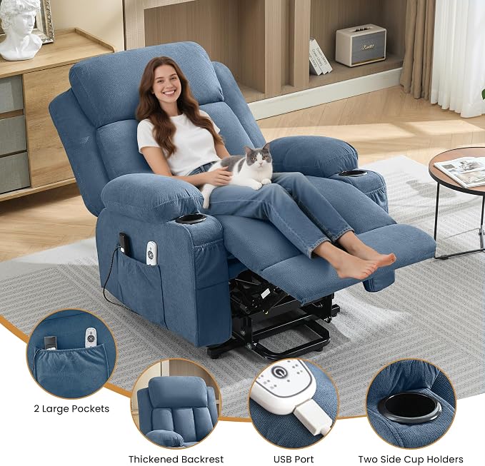 MAHOMICO Power Lift Recliner Chair for Elderly with Vibration Massage and Lumbar Heating Oversized Single Sofa with Cup Holder and USB Charge Port for Living Room