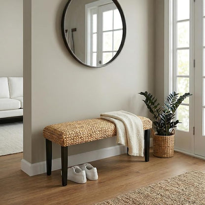 Entryway Bench with Solid Wood Acacia, 47" End of Bed Bench for Bedroom, Water Hyacinth Indoor Bench Seat, Boho Woven Bench for Living Room, Wicker Bench for Hallway or Kitchen, Wood Bench (Black Leg)