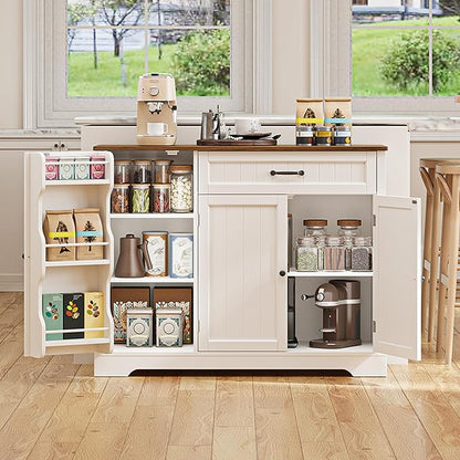 Gizoon Kitchen Coffee Bar Cabinet with Storage Kitchen Sideboard Buffet Cabinet with Drawers, Short Pantry with Door and Shelves for Bathroom and Living Room, White and Rustic