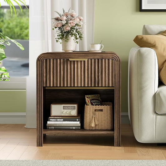 Decofy Fluted Nightstand with Charging Station, Modern Bedroom Side Table with Gold Handles, Curved Profile Design, End Table Wood Organizer for Bedroom, Open Shelf & 1 Drawers (2 Pack, Walnut)