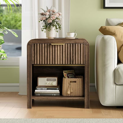 Decofy Fluted Nightstand with Charging Station, Modern Bedroom Side Table with Gold Handles, Curved Profile Design, End Table Wood Organizer for Bedroom, Open Shelf & 1 Drawers (1 Pack, Walnut)