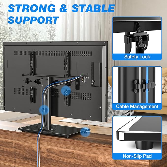 Rfiver Universal Table Top TV Stand TV Base Replacement for Most 27-60 Inch LCD LED Flat Curved Screen TVs Holds up to 88lbs, Height Adjustable TV Mount Stand with Tempered Glass Base, VESA 400x400mm