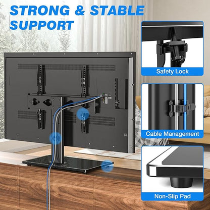 Rfiver Universal Table Top TV Stand TV Base Replacement for Most 27-60 Inch LCD LED Flat Curved Screen TVs Holds up to 88lbs, Height Adjustable TV Mount Stand with Tempered Glass Base, VESA 400x400mm