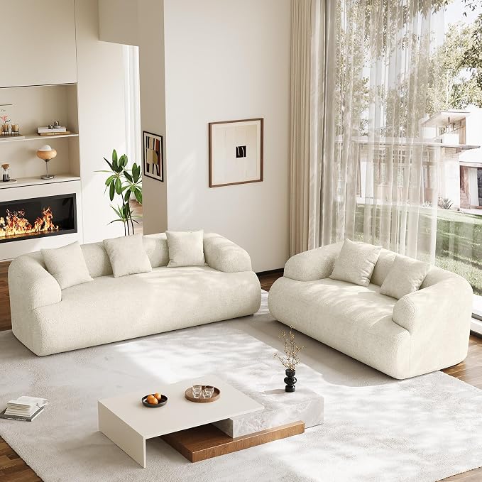 Boneless Couch Set, 91" + 75'' Cloud Couch Set, Chenille Curved Sofa, Modern Compression Sofa for Living Room, Bedroom and Apartment, No Assembly Required, Beige White