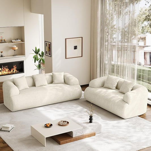 Boneless Couch Set, 91" + 75'' Cloud Couch Set, Chenille Curved Sofa, Modern Compression Sofa for Living Room, Bedroom and Apartment, No Assembly Required, Beige White
