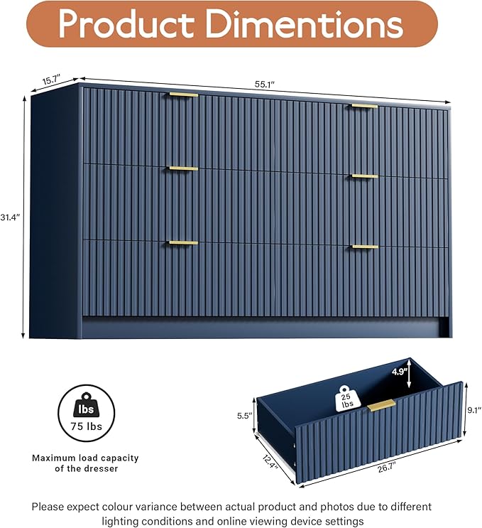 Furniway Navy Blue Dresser for Bedroom, Modern Dresser with 6 Drawers and Smooth Slides, Wide Chest of Drawers with Golden Handles for Bedroom, Living Room, Closet, 15.7" D x 55.1" W x 31.4" H