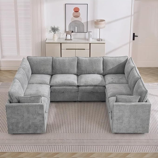 105" Light Grey Oversized Modular Storage Sofa, U Shaped Chenille Couch | Oversized Convertible Sectional Sofa, 8-Seat Sectional Couch With Armrests, Large Cloud Couch For Living Room, Apartment.