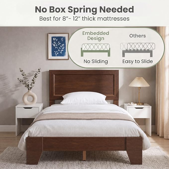 Giantex Twin Size Wooden Bed Frame with Headboard, Wood Slat Support | Modern Platform Bed with Heavy Duty Mattress Foundation, Under-Bed Storage, No Box Spring Needed, Easy Assembly (Walnut)