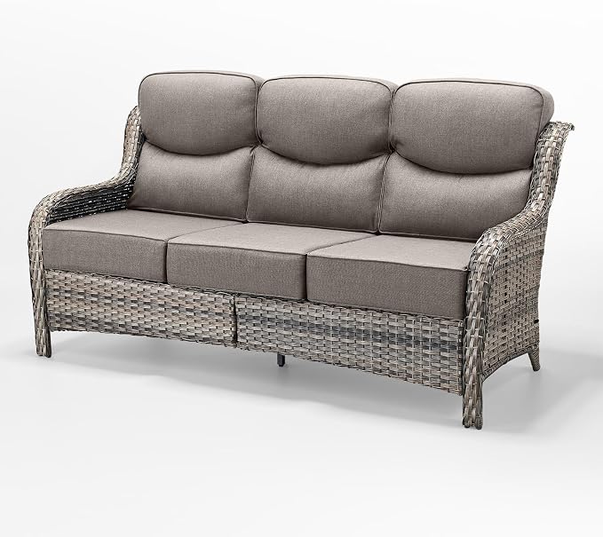 Luxury Patio Sofa 3-Seat Wicker Couch with 6" Thick Cushion - Outdoor Furniture Rattan Sofa with Deep Seating High Back for Patio Garden Balcony Sunroom Backyard, Grey | Grey