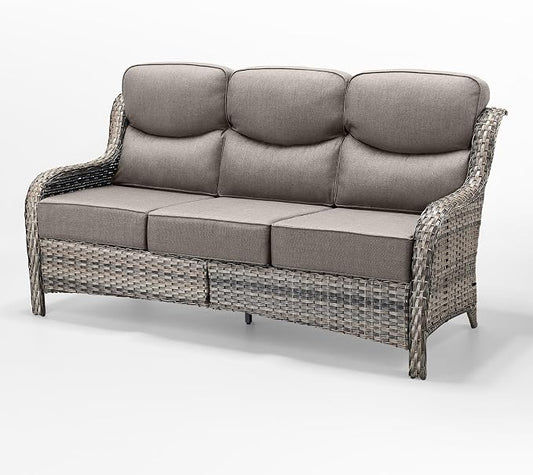 Luxury Patio Sofa 3-Seat Wicker Couch with 6" Thick Cushion - Outdoor Furniture Rattan Sofa with Deep Seating High Back for Patio Garden Balcony Sunroom Backyard, Grey | Grey