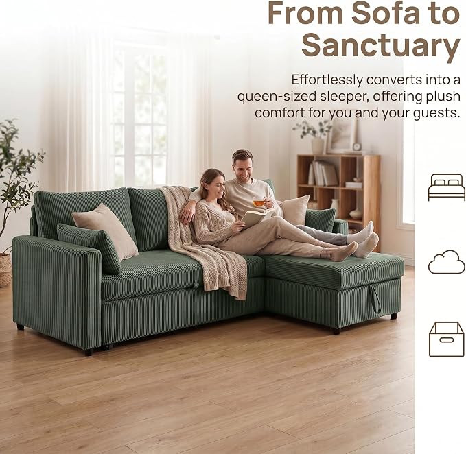 Queen Sleeper Sofa, Convertible Sofa Bed with Storage, 85 Inch Sectional Couch with Pull Out Bed, L Shaped 3 Seat Sectional Sleeper Sofa for Living Room, Apartment, Green
