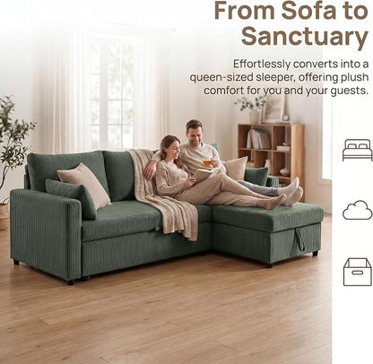 Queen Sleeper Sofa, Convertible Sofa Bed with Storage, 85 Inch Sectional Couch with Pull Out Bed, L Shaped 3 Seat Sectional Sleeper Sofa for Living Room, Apartment, Green