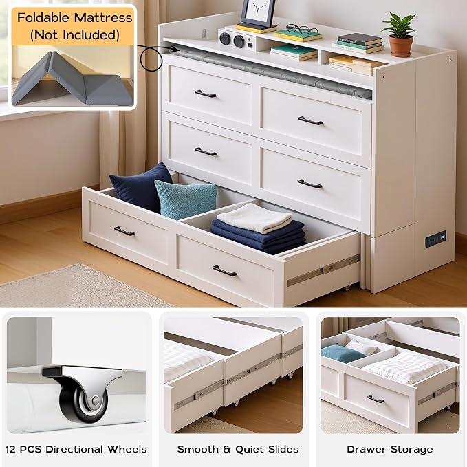 Kikihouse Murphy Bed with Storage & Charging Station, Queen Size Murphy Cabinet Bed Hideaway Bed with Motion Sensor Lights for Bedroom/Guest Room/Office, Foldable Platform Bed Frame, White