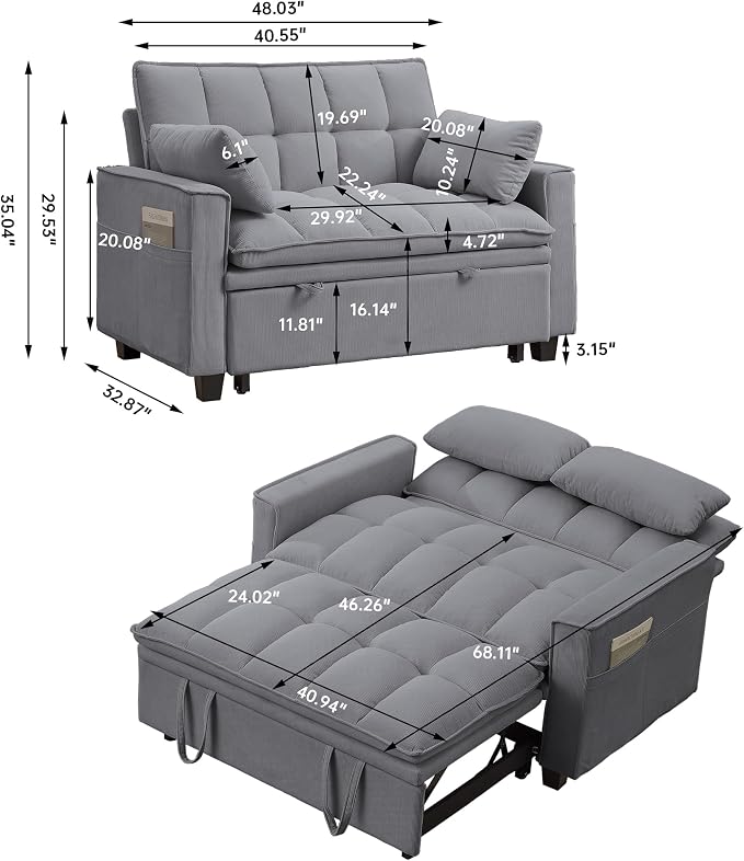 Sleeper Sofa with Pull Out Couch Bed, 48.43" Convertible Pull-Out Sofa Bed Chair, 3-in-1 Futon Couch with Reclining Backrest and Side Pockets for Living Room Bedroom Apartment, Light Grey