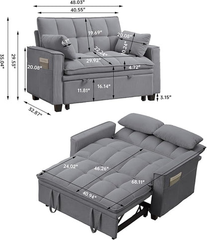 Sleeper Sofa with Pull Out Couch Bed, 48.43" Convertible Pull-Out Sofa Bed Chair, 3-in-1 Futon Couch with Reclining Backrest and Side Pockets for Living Room Bedroom Apartment, Light Grey