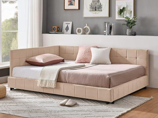 KEIKI Full Size L Shape Corner Bed Frames with Backrest and Armrests, Velvet Upholstered Sofa Daybed for Small Room, Living Room, Bedroom, Guest Room, Kids' Room