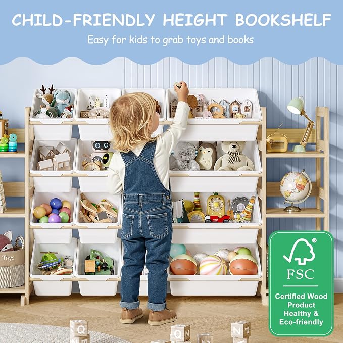EXPERLAM Extra Large Toy Storage - Toy Storage Organizer, Wooden Toy Organizer with 6 Side Shelves and 16 Bins, 3-in-1 Bookshelf for Kids Rooms, Playroom, Nursery, White