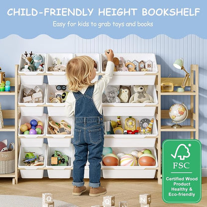 EXPERLAM Extra Large Toy Storage - Toy Storage Organizer, Wooden Toy Organizer with 6 Side Shelves and 16 Bins, 3-in-1 Bookshelf for Kids Rooms, Playroom, Nursery, White