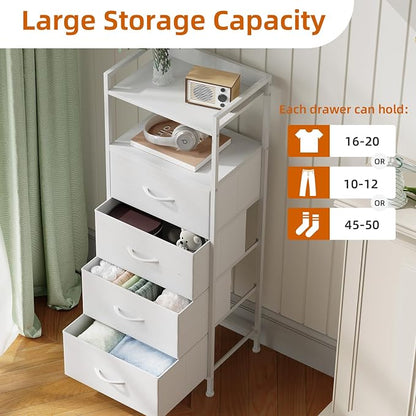 Somdot White Nightstand with 4 Drawers, Vertical Storage Tower Fabric Dresser for Bedroom, Bedside Table Furniture, Sturdy Steel Frame, Wooden Top & Easy Pull Fabric Bins