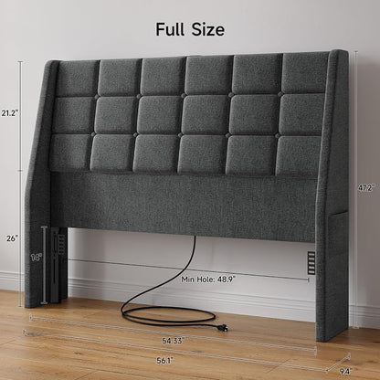 Ergonomic Upholstered Headboard Full Size w/Charging Station, Linen Wingback Headboards w/Storage Pocket, Full Headboard Only, Bed Frame Adapters, Sturdy Stable Solid Wood Bed Head Board, Dark Grey